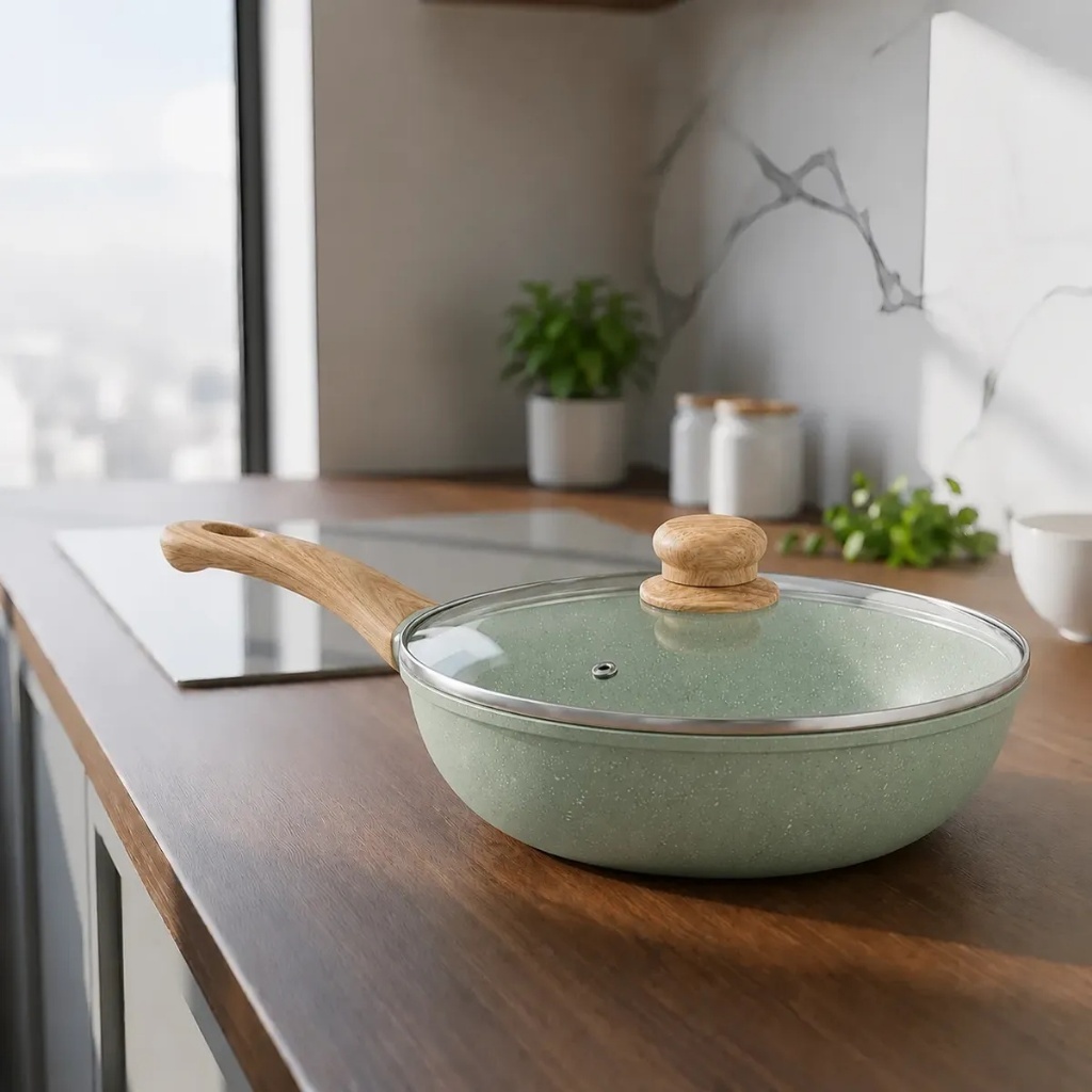 Frigideira Panela Wok 28cm Funda 4,3 Litros Revestimento Cerâmica Antiaderente  Tampa de Vidro