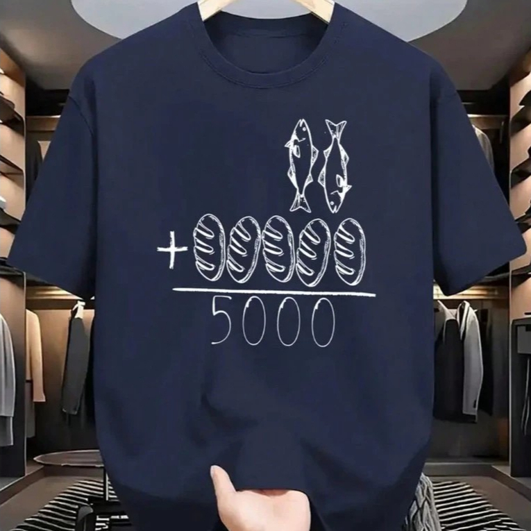 Camiseta unissex casual de manga curta para homem e mulher com estampa de multiplicação dos peixes e pães