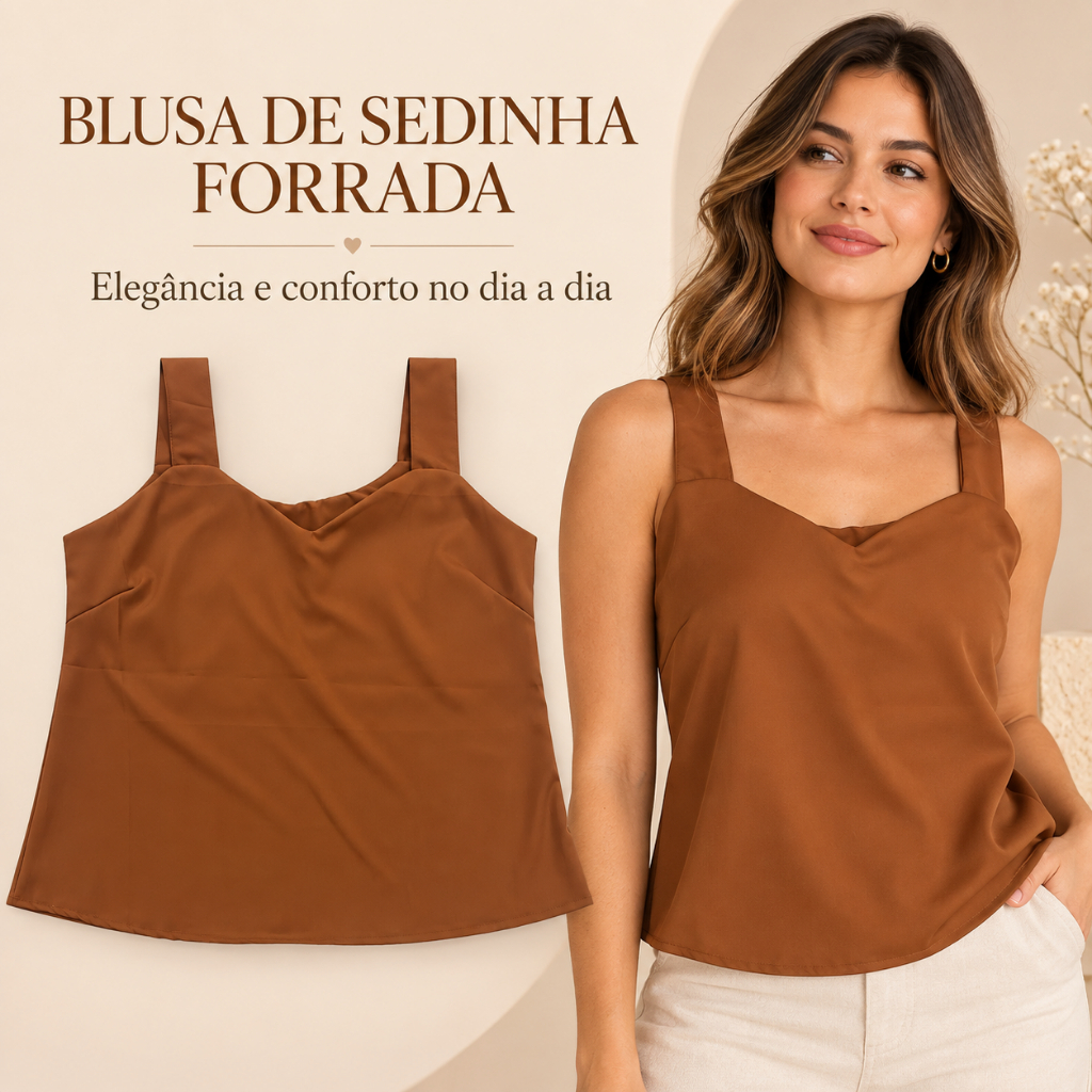Blusa Feminina Regata Alça Larga Sedinha Forrada Decote V Soltinha Social Elegante P M G GG