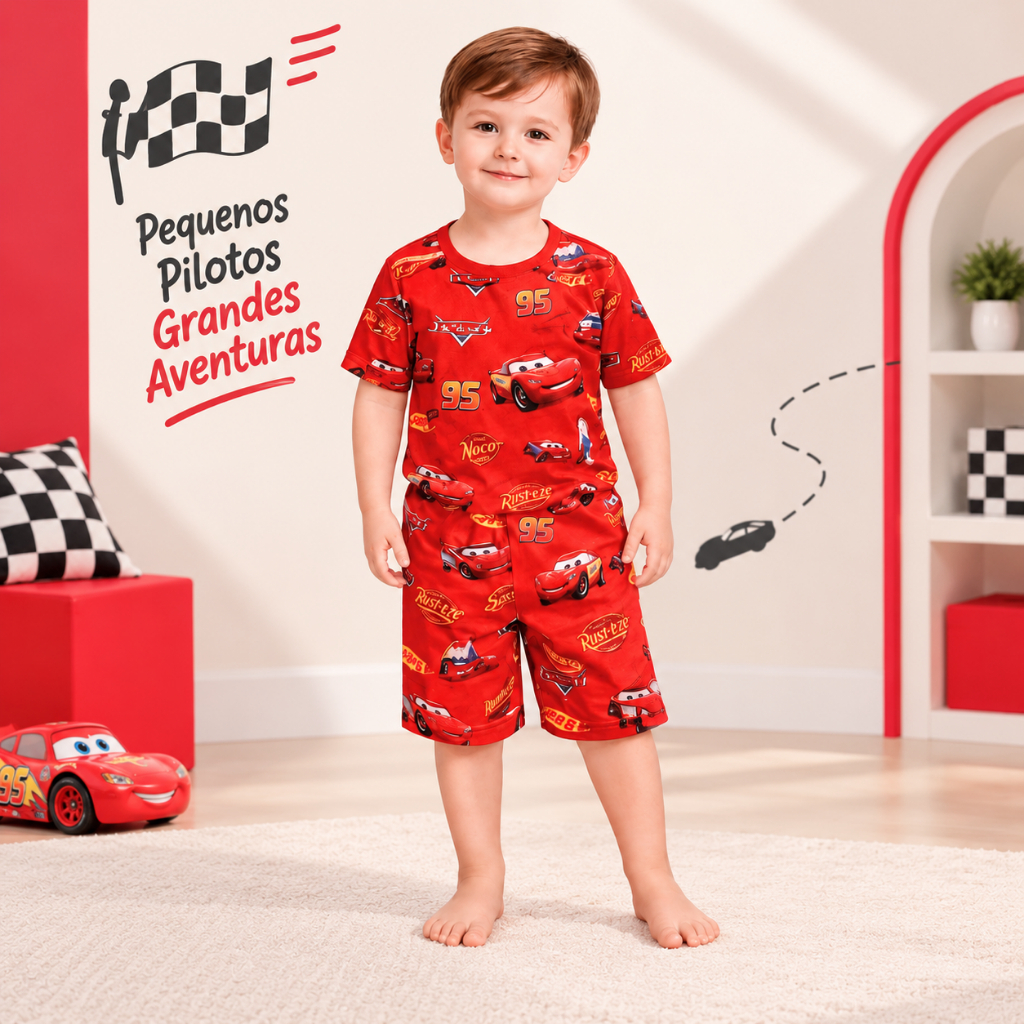 Pijama Infantil Menino Curto Conjunto Camiseta e Short Estampado Confortável
