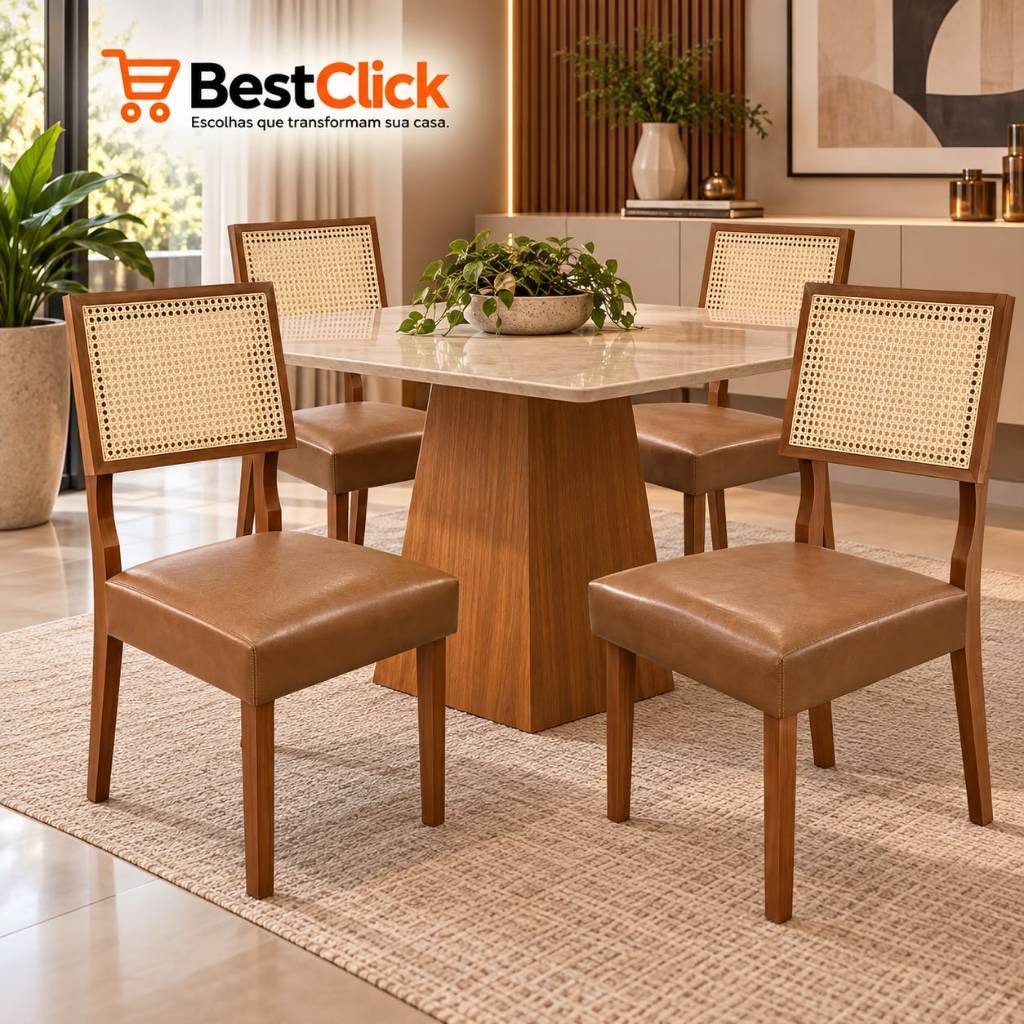 Kit 2 e 4 Cadeiras de Jantar com Encosto em Rattan Tela Natural 100% Madeira Maciça