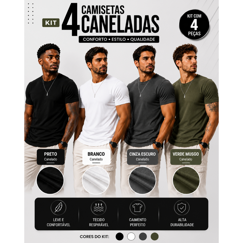 Kit 4 Camisetas Masculinas Caneladas Americana Slim Básica Ribana com Elastano Street Wear Casual Fit
