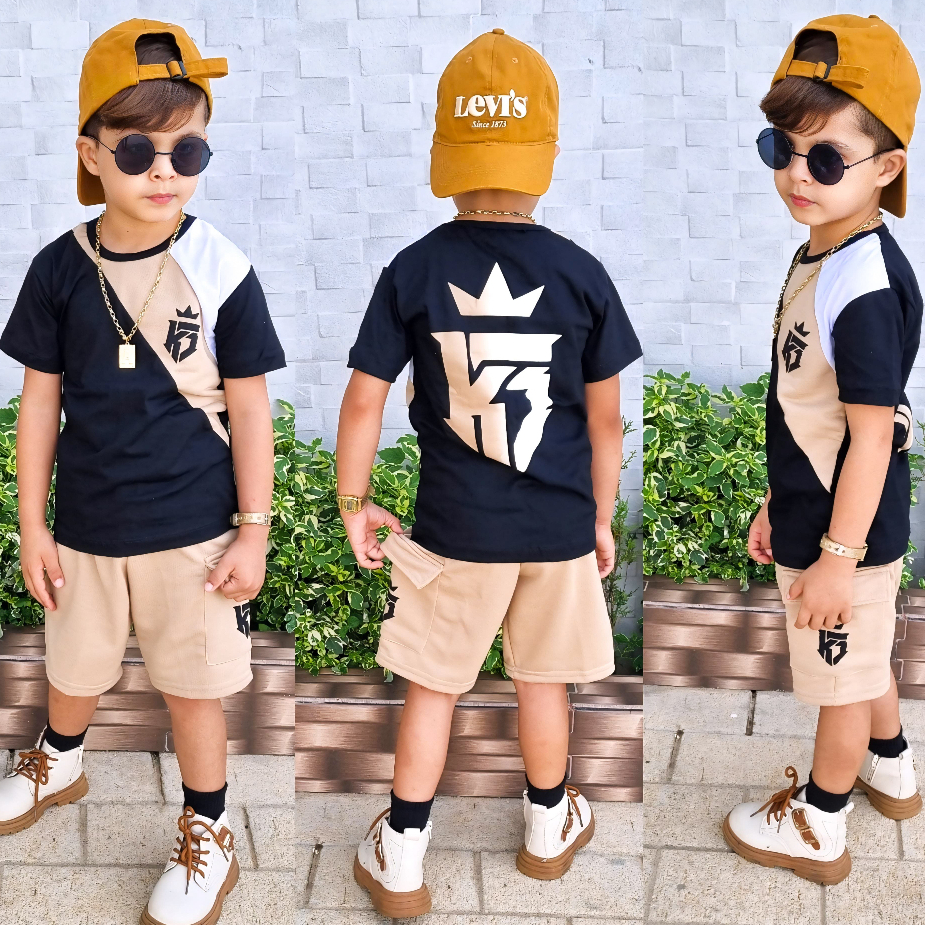 Conjunto de menino casual infantil bermuda e camisa estampada modelo natal e ano novo 2 ao 12 anos