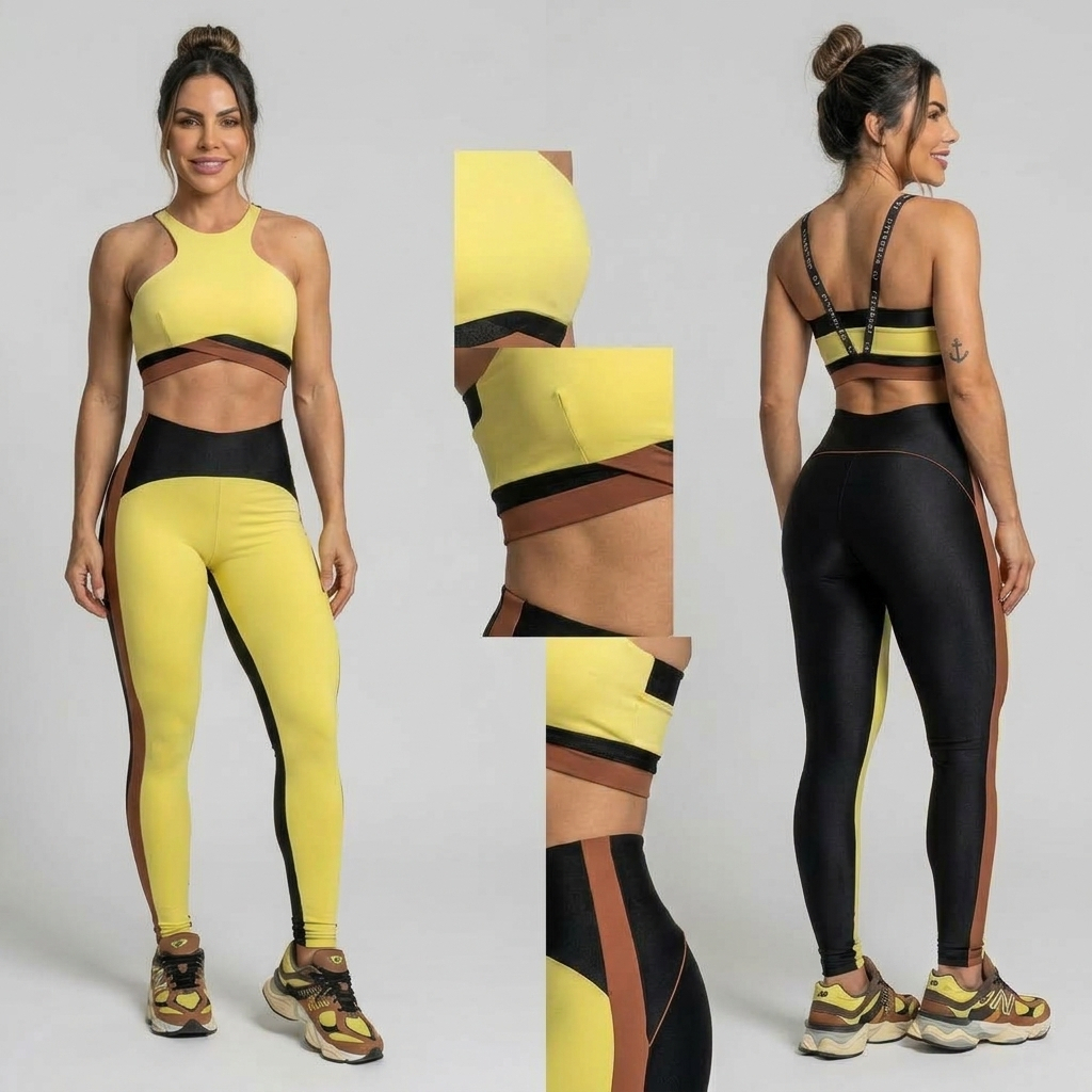 Conjunto feminino top e calça legging treino academia. Zero Transparência Poliamida premium
