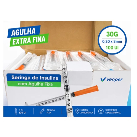 Seringa Insulina 1ml 8x0,30 Agulha Fixa - 20 Unidades