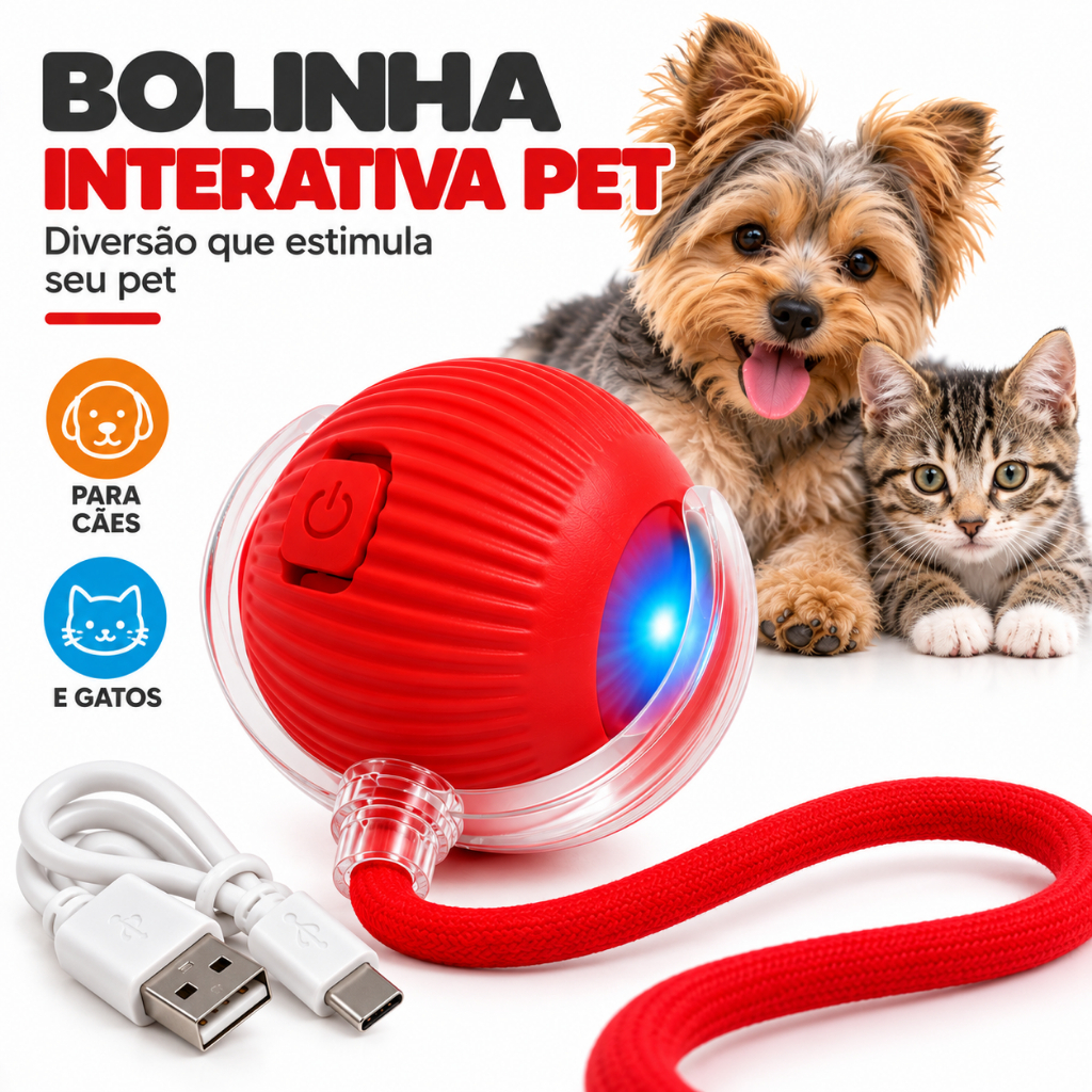 Bolinha Interativa Pet para Gatos e Cachorros Brinquedo Inteligente Automático Recarregável USB