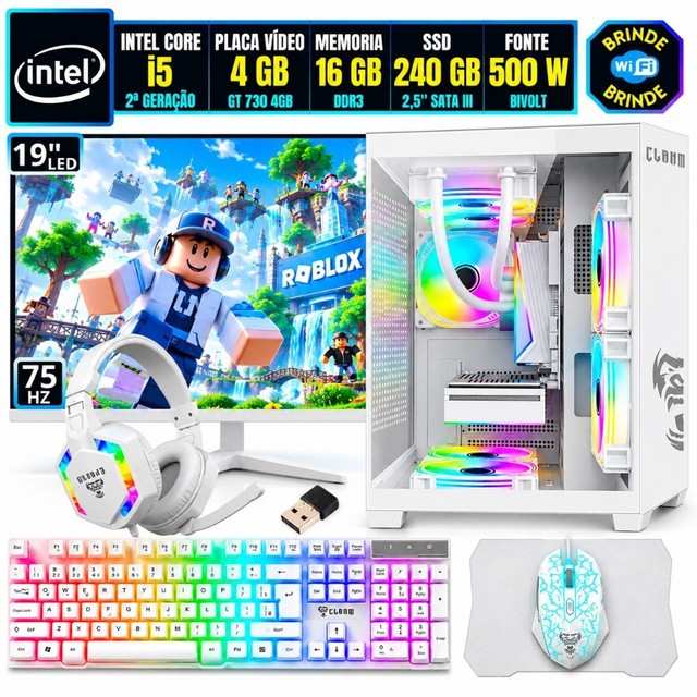 PC Gamer Computador Completo Intel i5 16GB SSD 240GB Placa Vídeo 4 Monitor 19 Gabinete Branco Pronto