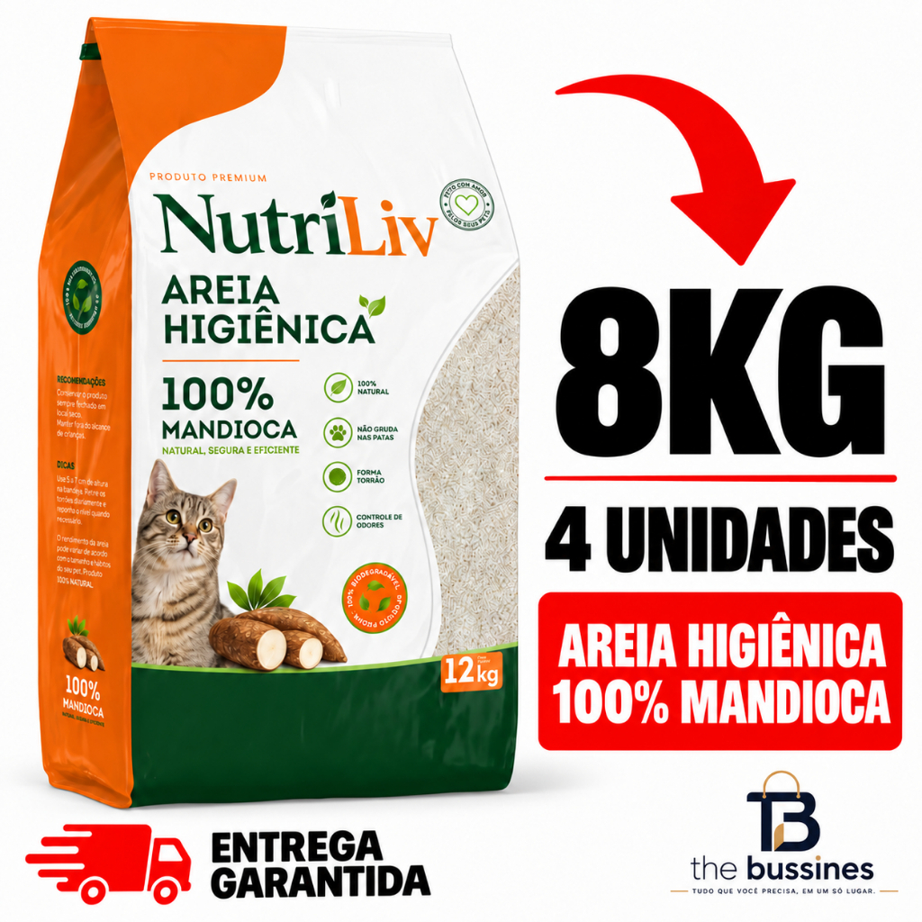 Areia Gato Nutriliv Mandioca Biodegradavel Natural gatos graos finos 8KG