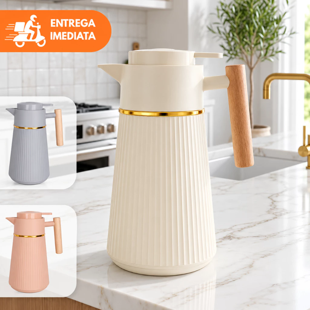 Garrafa Térmica Nórdica Berlim Café 1L Cabo De Madeira Luxo Mesa Posta Canelado Dourado — imagem 1