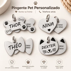 Pingente Pet Personalizado Coleira para Cachorro Gato Gravação Permanente