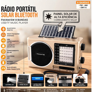 Rádio Portátil Solar Bluetooth AM FM SW 8 Bandas Recarregável USB TF para Camping, Pesca e Viagem com Lanterna