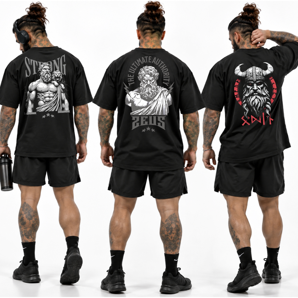 Kit com 3 Camisetas Oversized Masculina Zeus Academia Estampa Costas Algodão