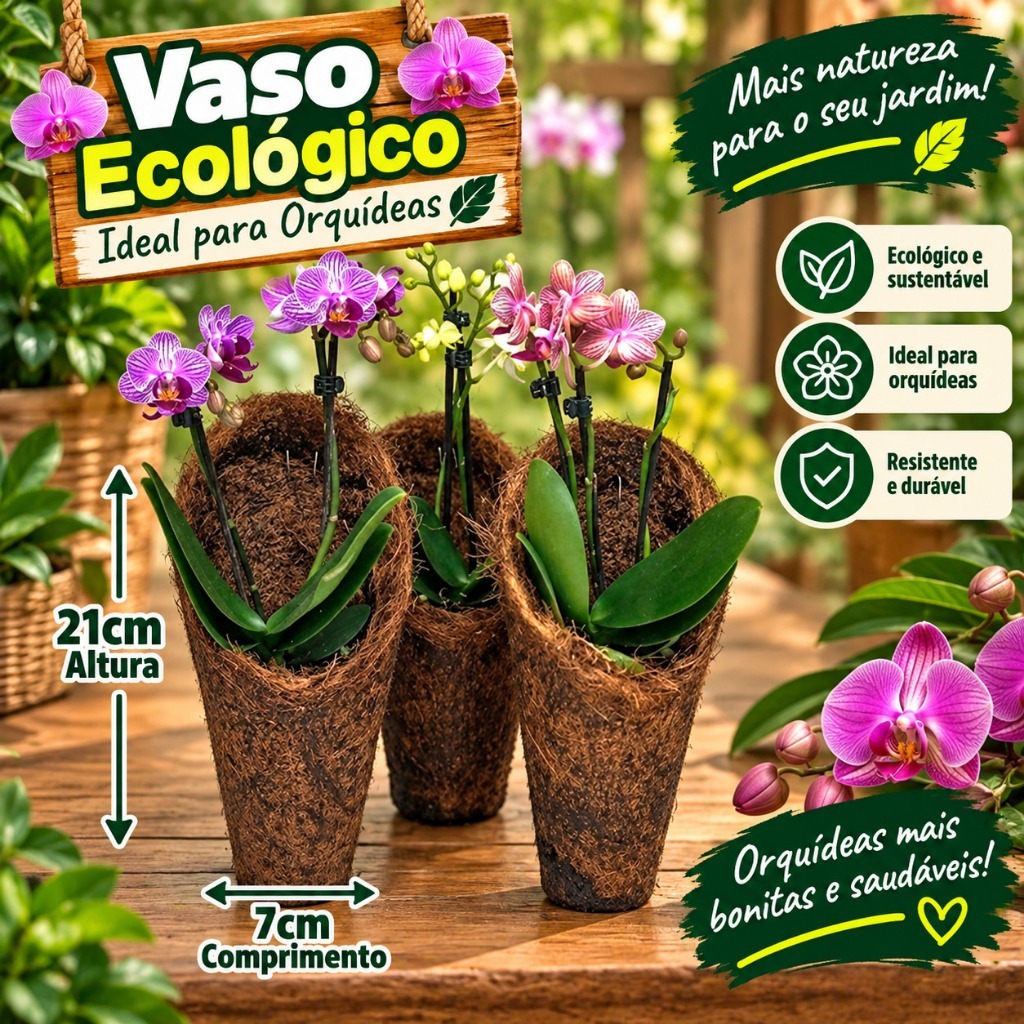 KIT 3 CACHEPOT DE FIBRA DE COCO modelo CONE CONCHA M Excelente para Orquídeas