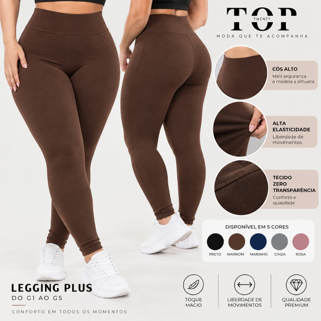 Calça Legging Feminina Plus Size Suplex Cintura Alta Modeladora Costura Reforçada Peluciada do G1 ao G5 Academia
