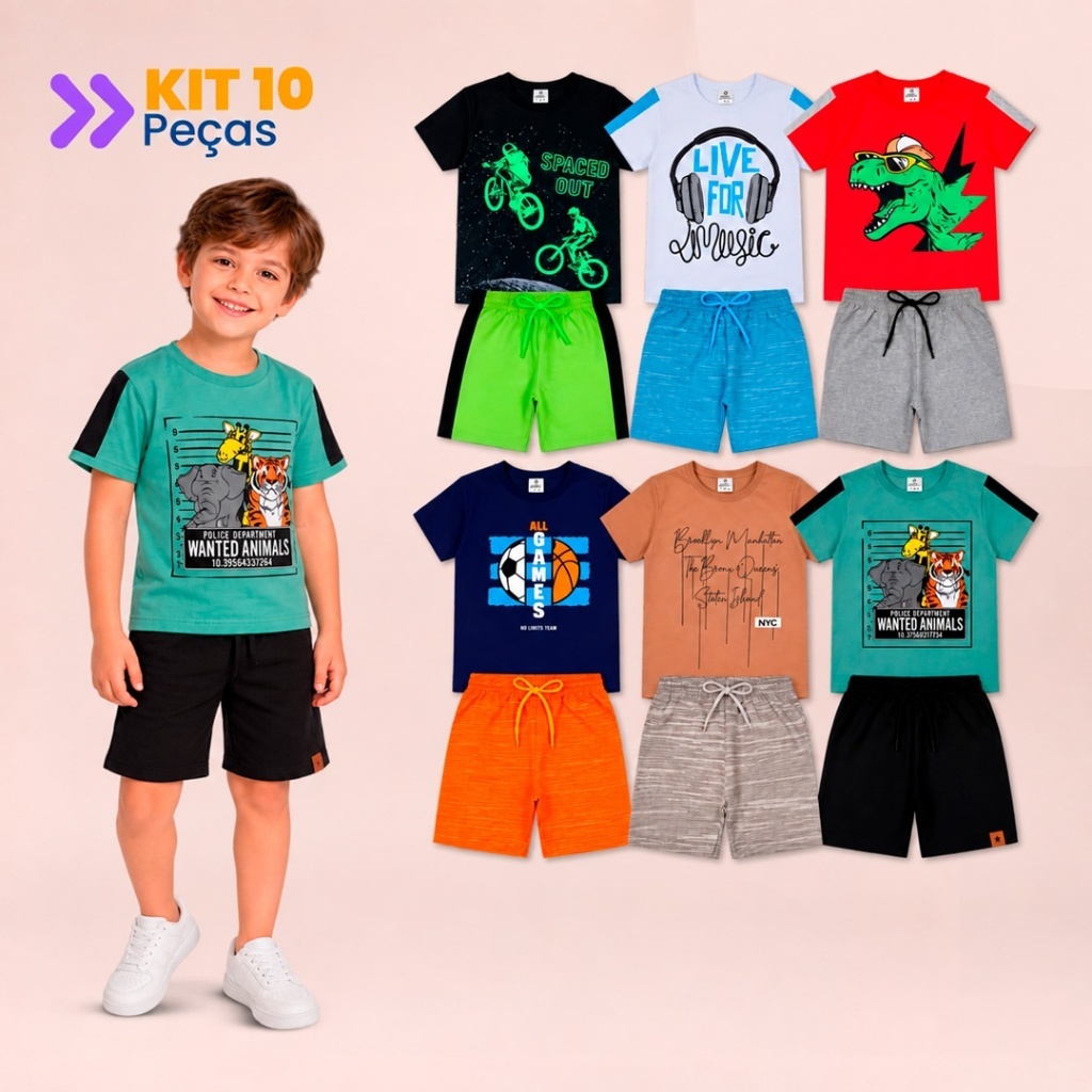 Kit Sortido 10 Peças de Roupas Infantil Menino Verão - Kit 5 Conjunto Infantil - 5 Camisetas + 5 Bermudas Barato Atacado