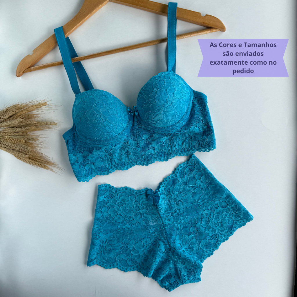 Conjunto Renda Dandara Calcinha e Sutiã com Bojo Aro de Metal Paleta Lateral Alça Larga