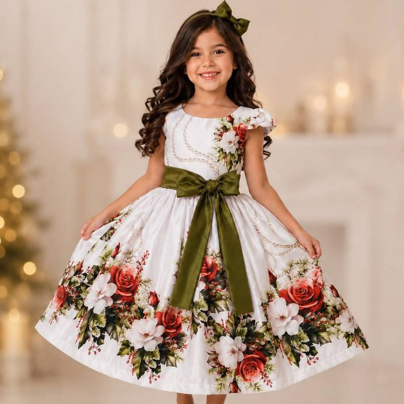 Vestido infantil Verde Oliva menina Estampado Floral dia da criança Aniversário Casamento Princesa Formatura