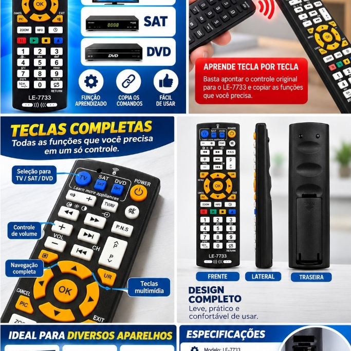 Controle Remoto Universal LE-7733 com Função Copiadora Aprendizado para TV SAT DVD — imagem 2 de 2