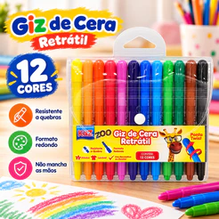 Giz de Cera Retrátil Kaz 12 Cores Ponta Twist Escolar