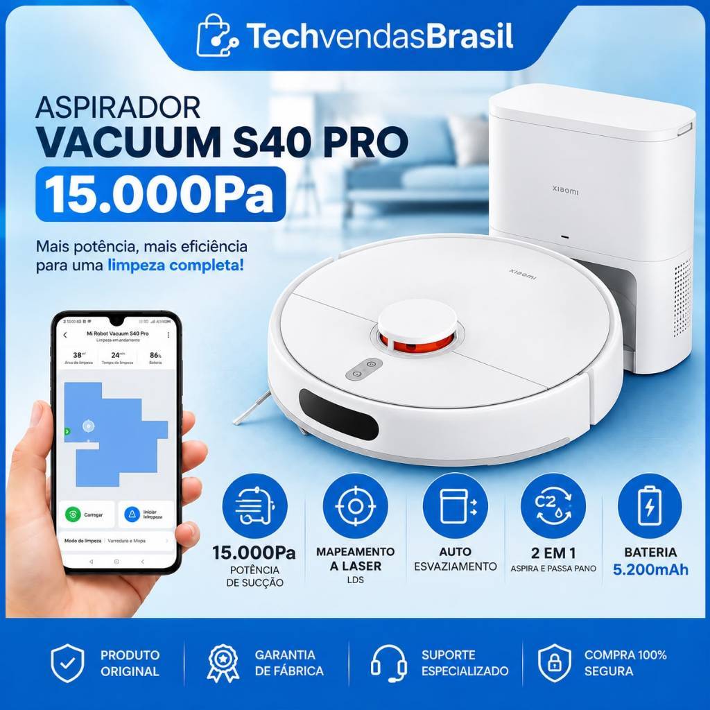 Robô Aspirador Xiaomi S40 PRO 15000Pa | aspira e passa pano | mapeamento WiFi