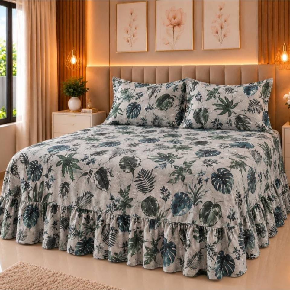 Kit Colcha Cobre Leito Helena Queen 03 Peças com Babado – 100% Algodão 400 Fios + 2 Fronhas | Oferta