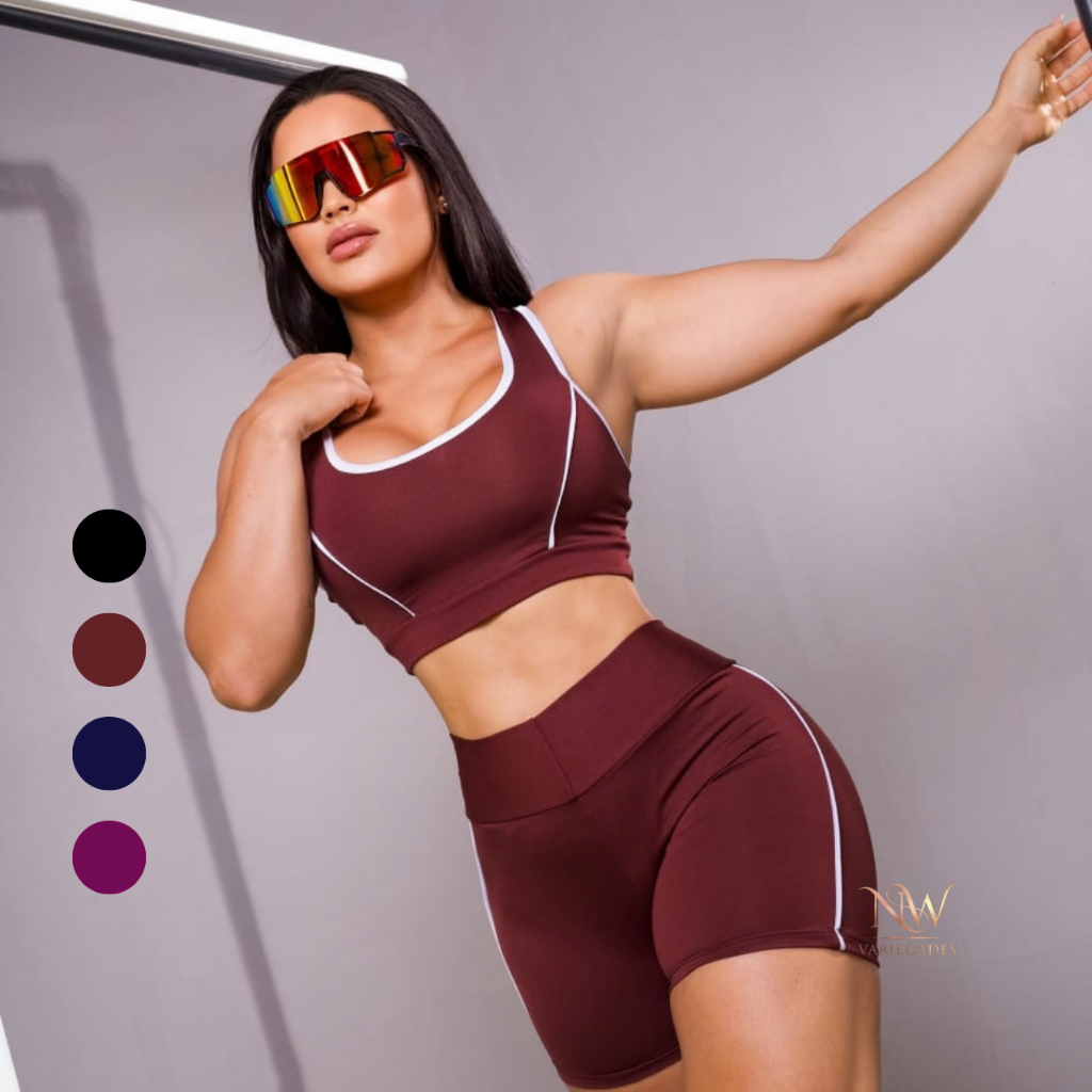 Conjunto Fitness Feminino Short e Top De Sustentação Moda Fitness Roupa De Academia Treino Cós Alto Zero Transparencia