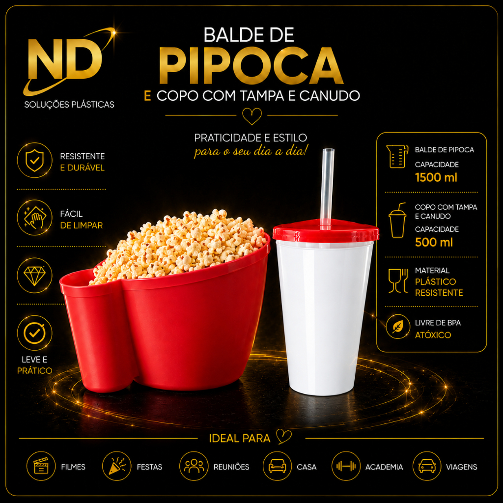 Kit 5 a 30 Baldes de Pipoca Plástico com Suporte para Copos Twister/ kit balde+copo com tampa