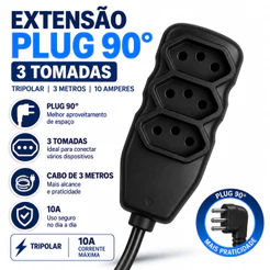 Extensão elétrica slim Plug 90 Graus 3 tomadas tripolar 10A bivolt 3 metros preto enfeites de Natal