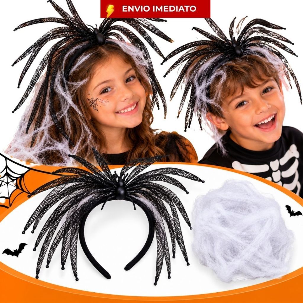 Kit Cabelo Maluco Teia de Aranha + Tiara Patinhas Aranha Infantil Escola Dia da Crianças Halloween