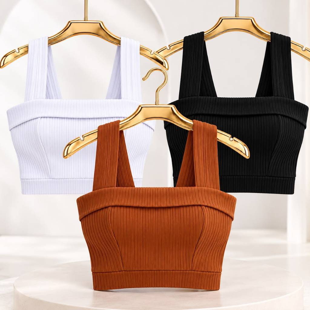 Kit 3 Cropped Feminino Canelado Poliéster Alça Larga Confortável Básico Moderno Casual Versátil Moda Verão