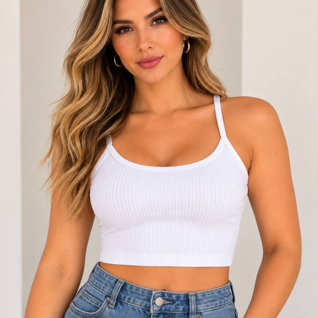 Cropped Feminino Canelado Alça Fina Branco Top Básico Poliéster Confortável Casual Verão Moda Feminina Versátil Branco
