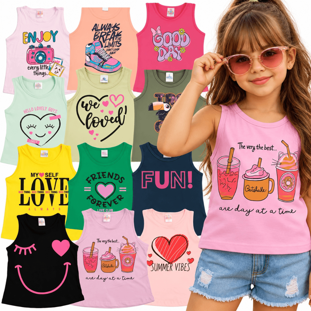 Kit Regata Infantil Juvenil Menina do 2 ao 12 Anos | Camisa Infantil Feminina Algodão - Regata para Menina Blusa