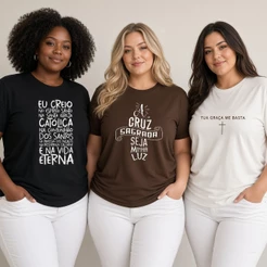 Kit 3 Camisetas Plus Size Femininas G1 ao G4 Estampadas Católica Eu Creio, Cruz Sagrada e Tua Graca