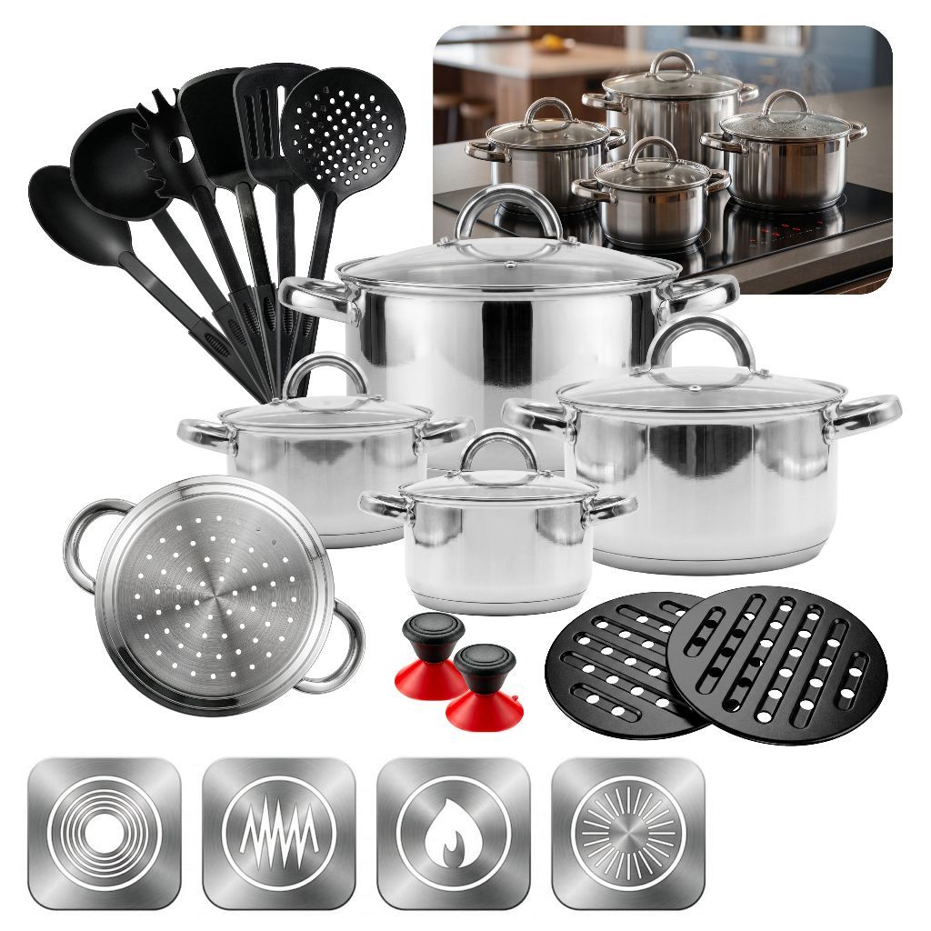 Jogo Panelas Completo 19 Peças Antiaderente Aço Inox com Acessórios Nylon