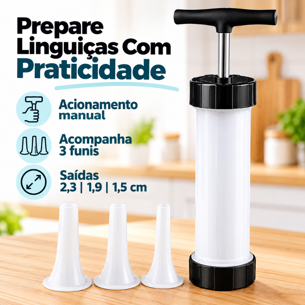 Embutidora Ensacadeira Canhão De Encher Linguiça Com 3 Funis Manual