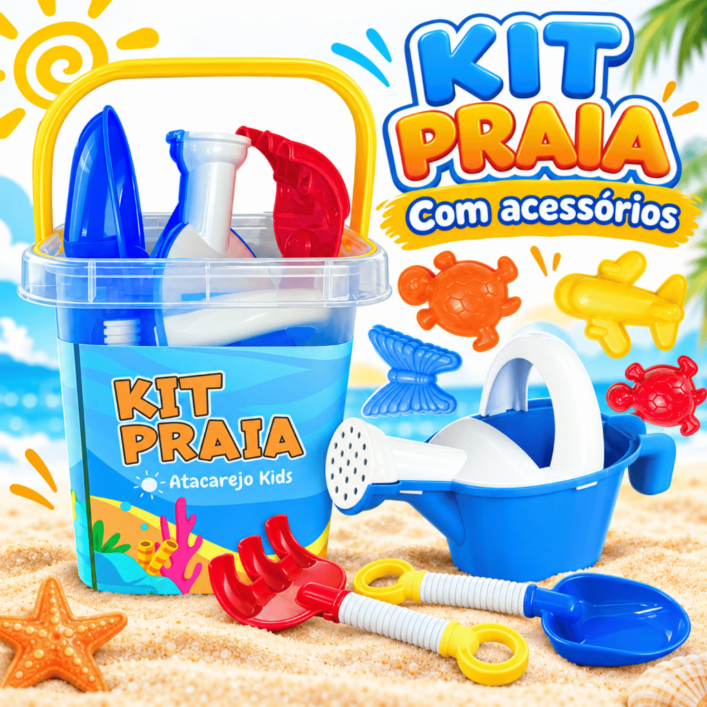 Balde de Praia Infantil 8 Peças Baldinho Pá Regador Moldes Brinquedo de Praia