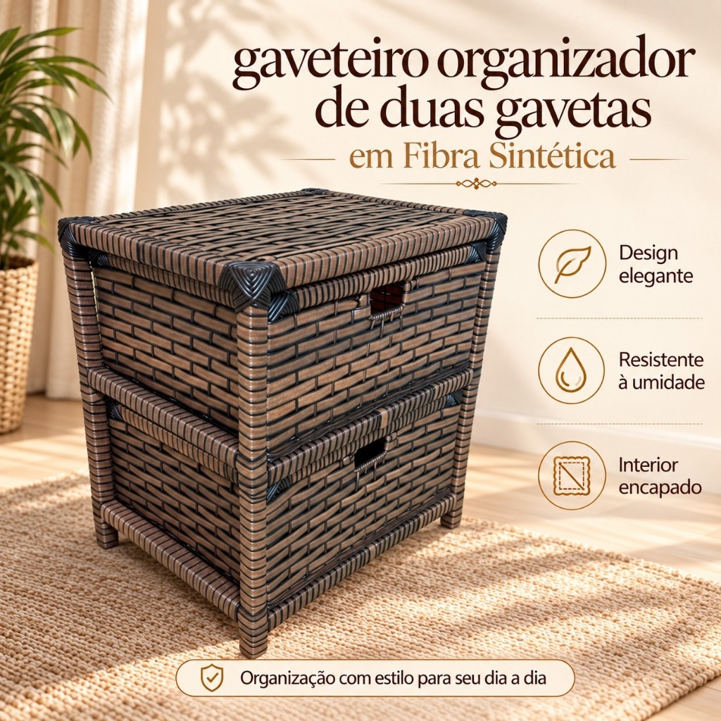 Gaveteiro Organizador 2 Gavetas Fibra Sintética 45x44x32 Quarto Banheiro Criado Mudo
