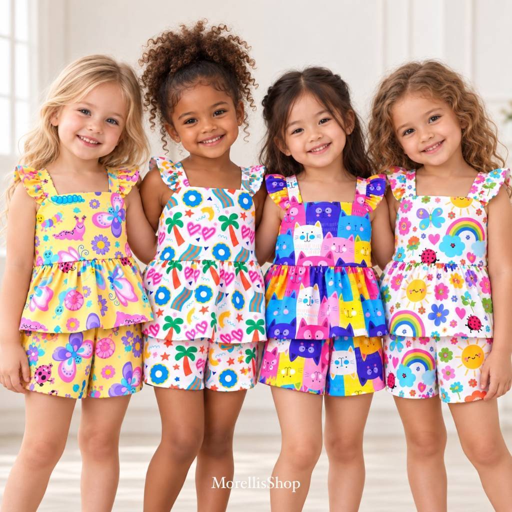 Conjunto Infantil Verão Short Camiseta Babados Estampas Variadas Primavera Moda Feminina Confortável 2-10 Anos