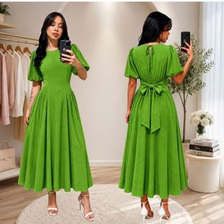 Vestido Midi Feminino com Manga Bufante Tecido Duna com Lastex nas Costas Moda Verão