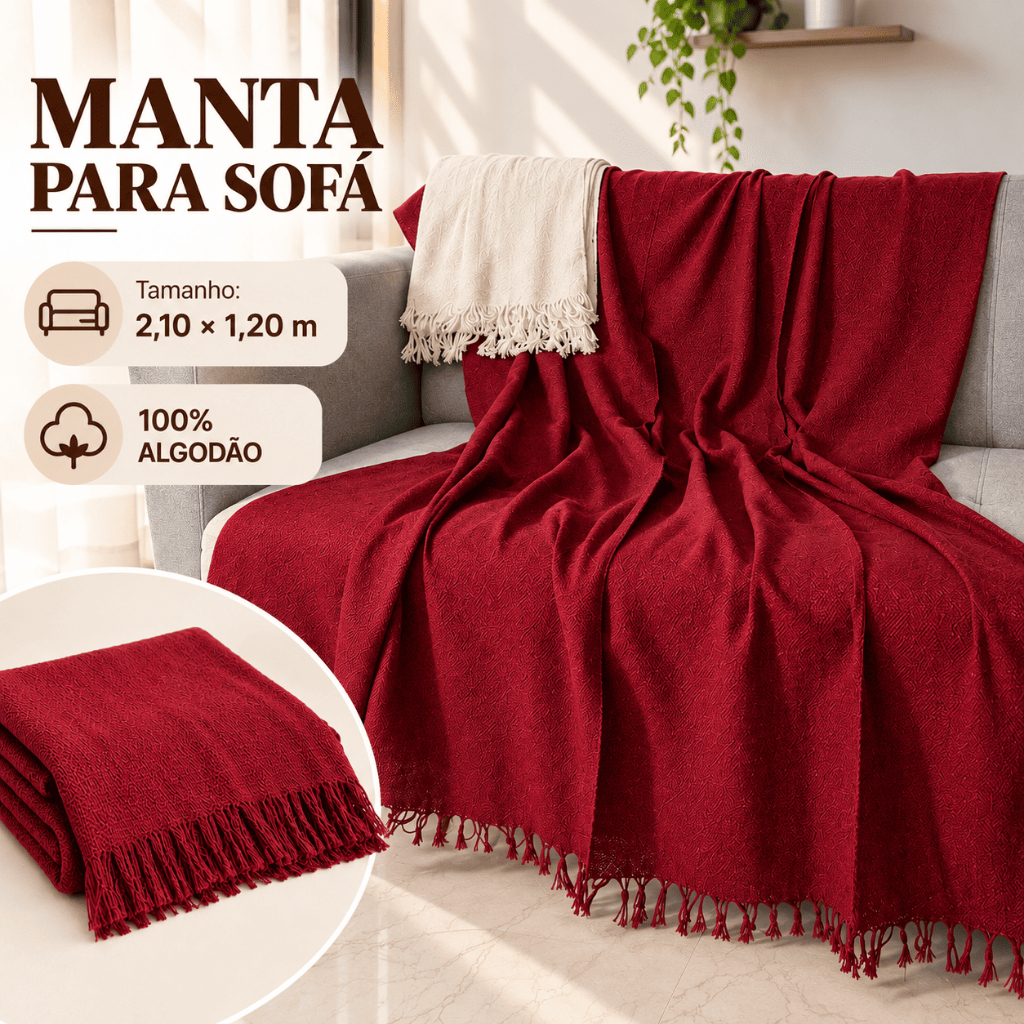 Manta Para Sofá 2,10x1,20m 100% Algodão Decorativa Protetora com Franjas Macia e Confortável