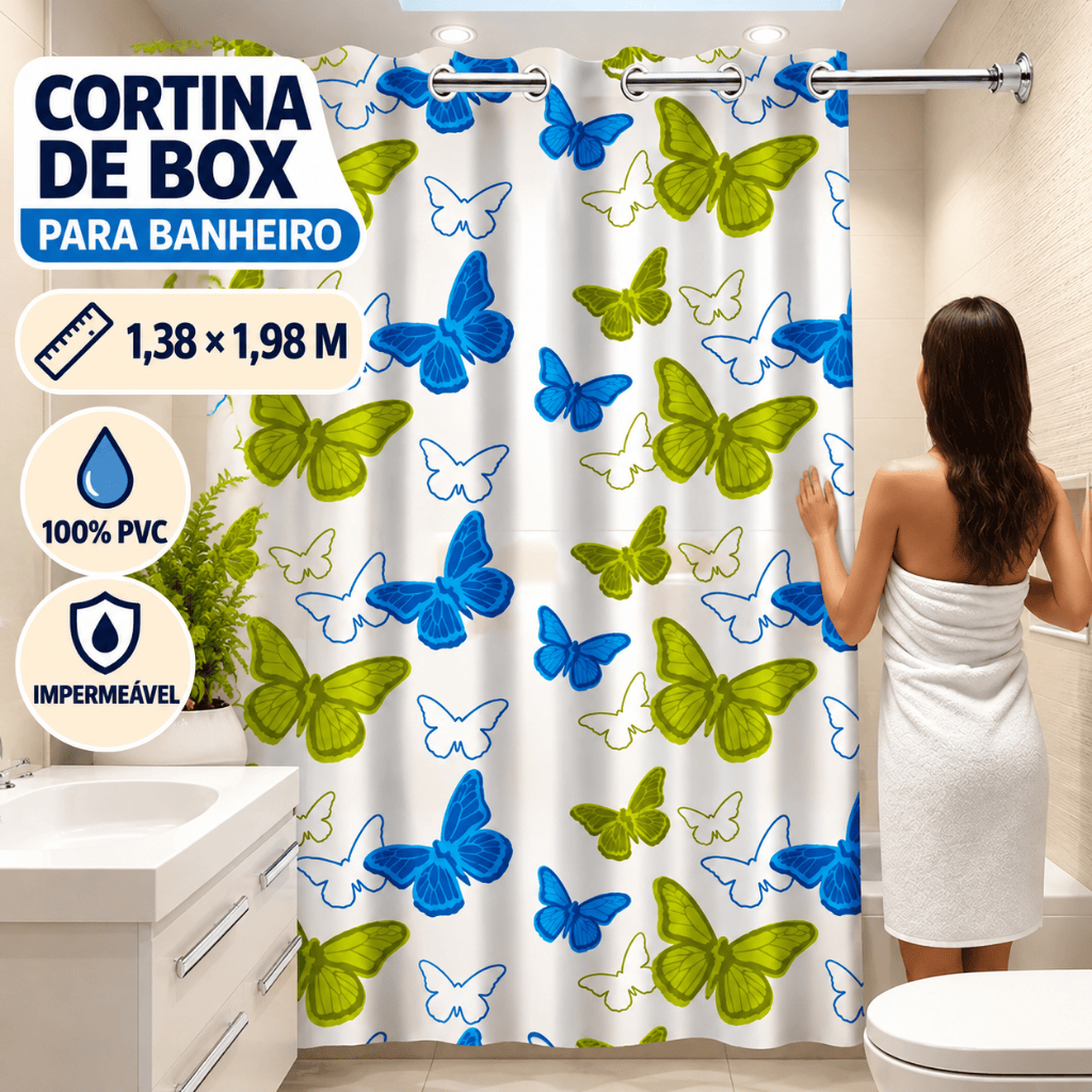 Cortina de Box Para Banheiro 1,38x1,98m 100% PVC Impermeável com Ilhós Fácil de Limpar