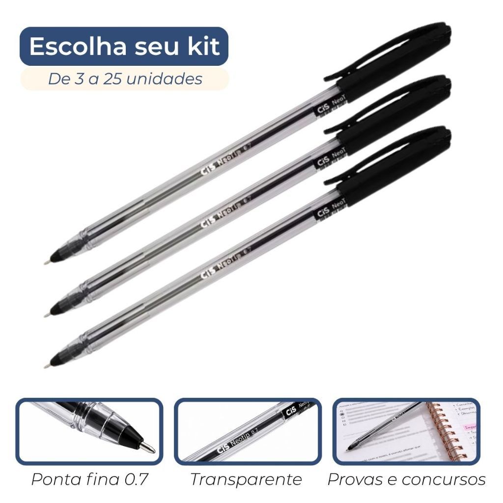 Imagem Kit Caneta Preta Cis Neotip Ponta Fina 0.7mm 3 a 25 Unidades Prova Enem Concurso Escolar