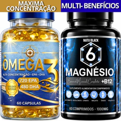 KIT Omega 3 Original Puro 720 EPA 480 DHA + 06 Tipos Magnésio com Vitamina B12 METILCOBALAMINA