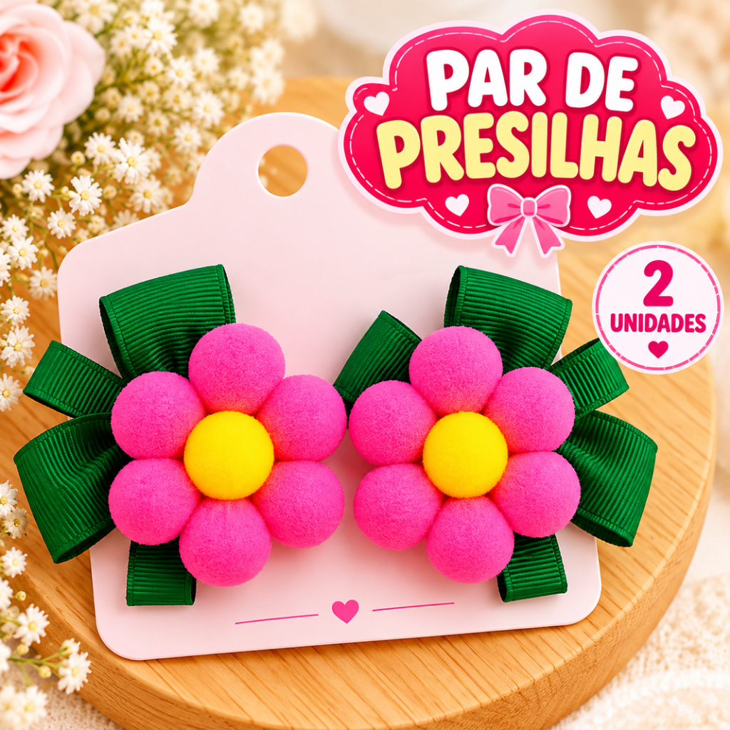 Par de Presilhas Infantil Flor de Pompom com Laço Bico de Pato para Menina
