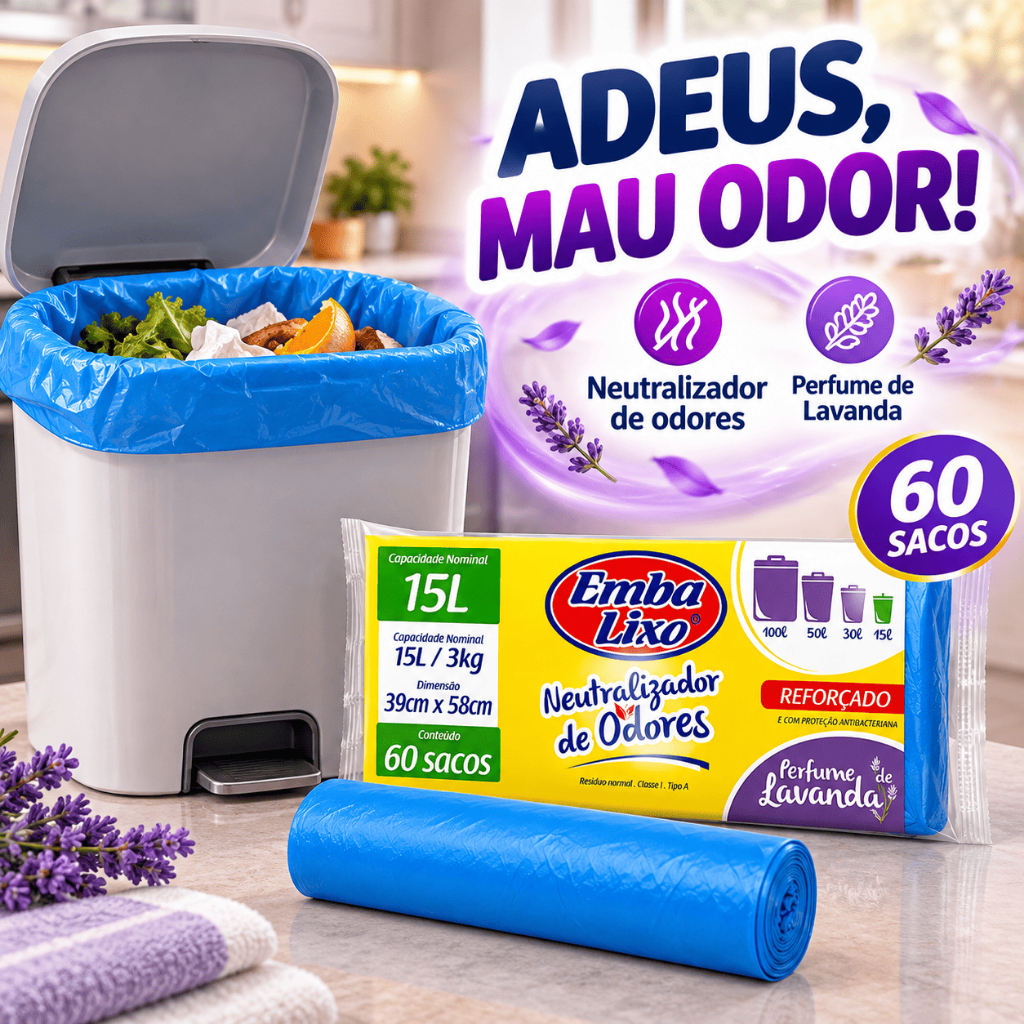 Saco de Lixo Embalixo 15L Neutralizador de Odores Lavanda 60 Sacos Reforçado com Proteção Antibacteriana Azul 39x58cm