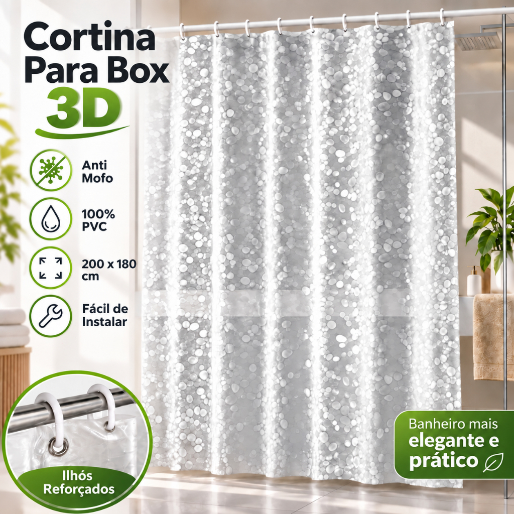 Cortina de Box para Banheiro 3D com Ímã Anti Mofo 100% PVC com Ilhós 2m x 1,8m