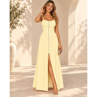 Vestido Longo Feminino Marrant com Fenda Frontal, Alças Reguláveis, Bolso Funcional, Elastex nas Costas, Zíper Lateral,