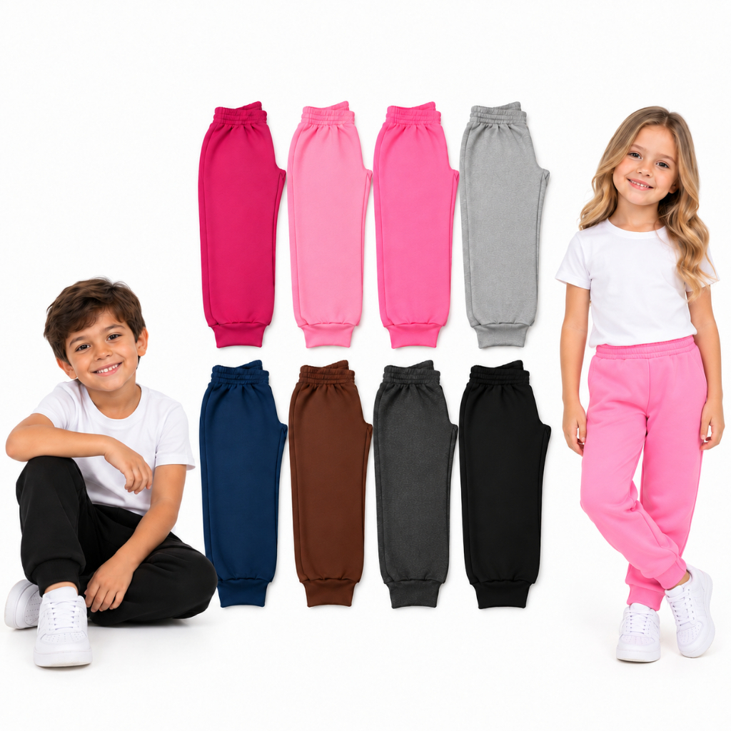 Calça Moletom Kit Duas Infantil Menino Menina Flanelado Forrada Inverno Quentinha Sortidas Cores Punho Elástico Cintura