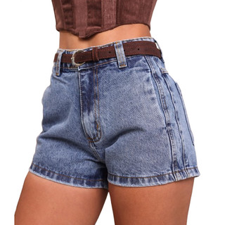 Short Jeans Feminino sem Lycra, Cintura Alta Detalhe Acompanha Cinto, Revesst Jeans