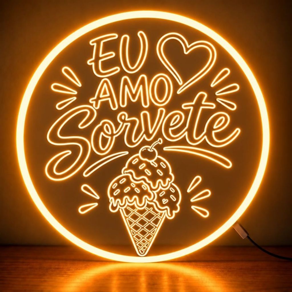 Luminária de Sorvete LED Neon em Acrílico 30cm Placa Decorativa Sorveteria Eu Amo Sorvete  Decoração de Loja